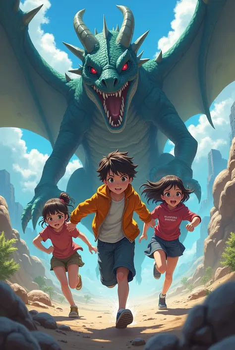 A boy and three girls escaping from a dragon in anime style 