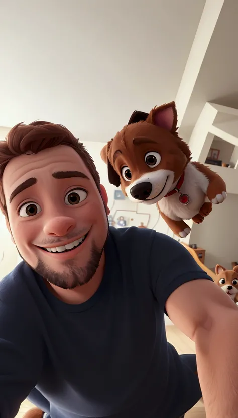 smiling man with dog on his shoulder taking selfie in living room, selfie of a dog, with his hyperactive little dog, accidental selfie, with dogs, twitch streamer / gamer ludwig, selfie of a man, taking a selfie, friendly guy and small creature, 8k selfie ...