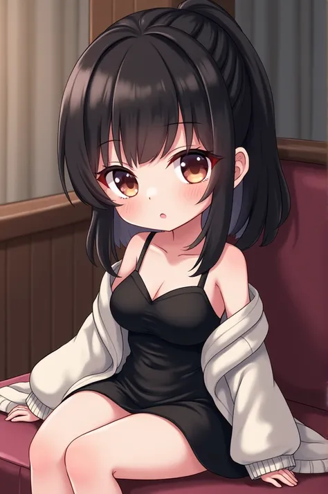 Chibi Character。Her black hair is half-up and reaches just below the collarbone。A slightly mature atmosphere。21 years old。Baby Face。round face。Dressed in a black one-piece、Wearing a white cardigan。The image quality is pretty close to real、Makeup is mature。...