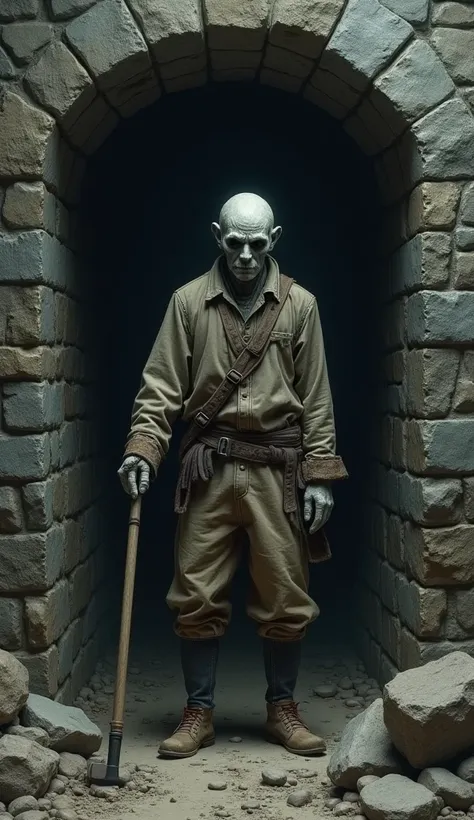 The ghostly figure of a miner, dressed in tattered 19th-century clothing, standing at the entrance of an old, abandoned mine. His face is pale and gaunt, with a haunted expression as he grips a worn pickaxe in his hand