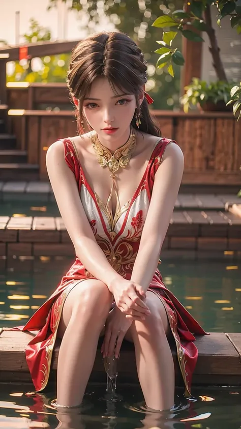 A girl taking a bath，Wearing a red and white dress，Sitting cross-legged with her knees bent on the waters surface，Ripples dance on the waters surface，Water droplets glint on her skin