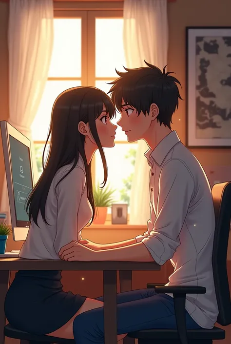 Couple at home with a desk and a computer, anime style 