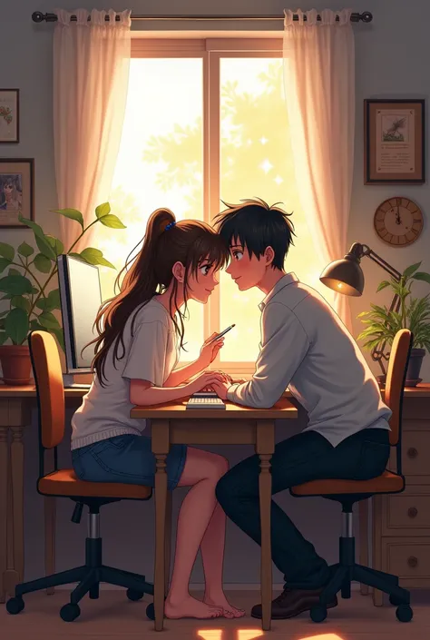 Couple at home with a desk and a computer, anime style 