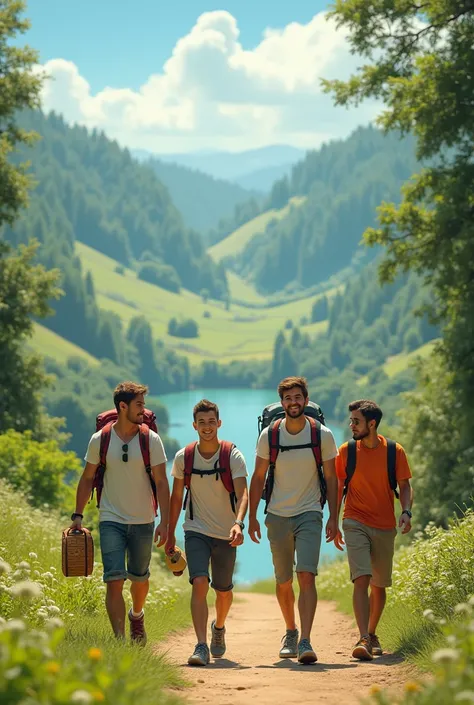 4 school  mens friends are going to outdoor to enjoy the whole day