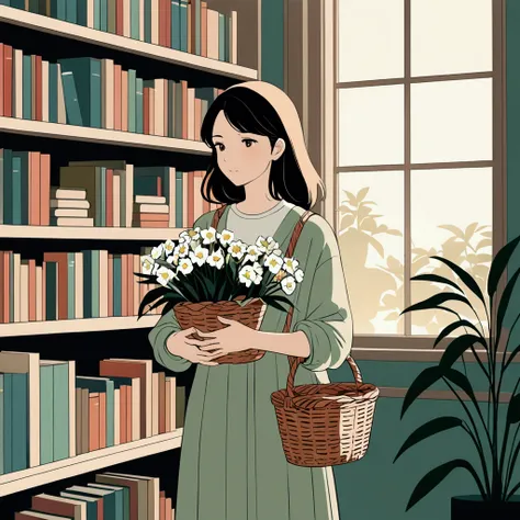 A woman in casual clothes, holding a basket of flowers. Flat colors, chic, soft atmosphere, subtle lighting. Lots of bookshelves and plants in the background. Simple and beautiful color scheme.