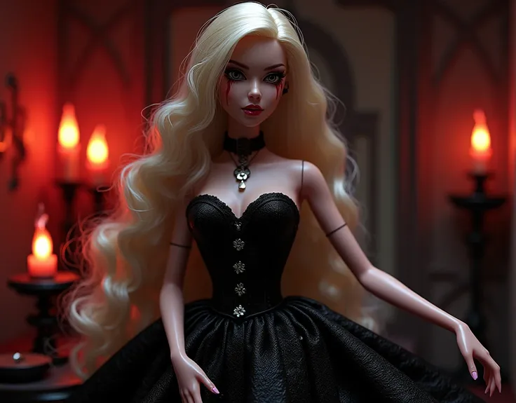 Fantasy art, RPG art, Dark fantasy art,  illustration of extremely 1beautiful Barbie vampire, Barbie mistress of death, she has long hair, flowing hair, wavy hair, blond hair, pale grey skin, (red eyes: 1.3) (glowing eyes: 1.3), (stains of blood on face: 1...