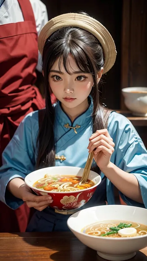 Dressed in china,Holding a bowl of ramen,One person, 