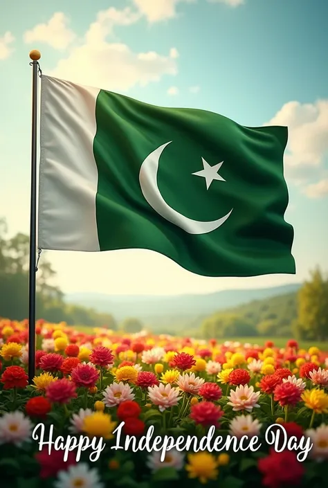 Pakistan flag in a flower garden written happy independence day on it