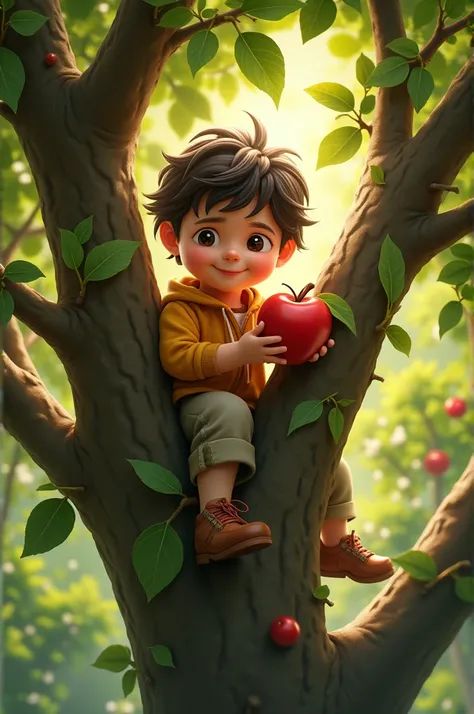 A Kid climbing in an apple tree, holding an apple