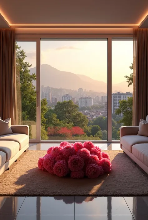 big modern living room with sunset, peonies in the middle, and Alsancak city view with apartments and trees