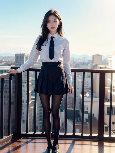 1girl in a sailor uniform with a dark green tie, pleated skirt, and black leather shoes, pale skin with extremely delicate facial features and beautiful eyes, long eyelashes, flawless fair skin, perfect body, black hair, leaning forward in a full-body shot...