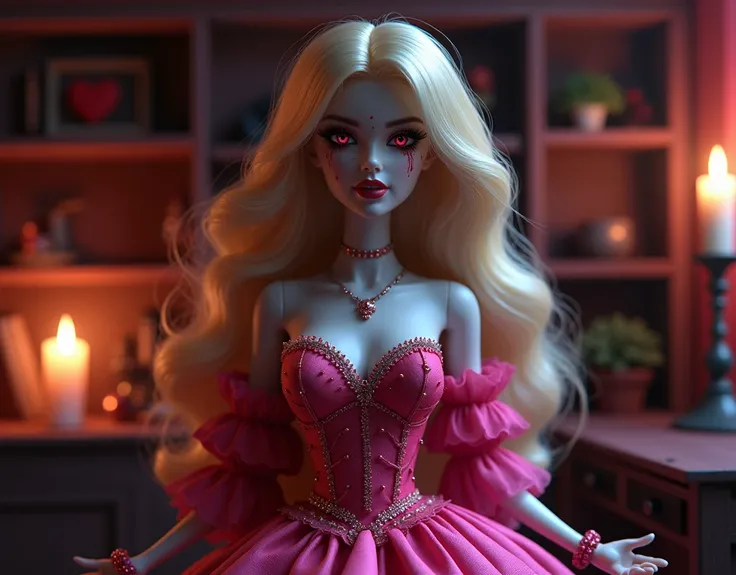 Fantasy art, RPG art, Dark fantasy art,  illustration of extremely 1beautiful Barbie vampire, real life  Barbie mistress of death, she has long hair, flowing hair, wavy hair, blond hair, pale grey skin, (red eyes: 1.3) (glowing eyes: 1.3), (stains of blood...