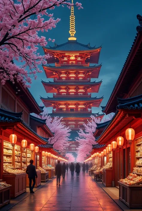 pagoda asian chinese japanese style epic in scale inside the streets surrounded by busy shops , camera first person wide in scale inside the city with cherry blossom, night festive