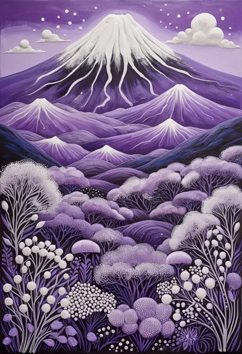 A painting，Inspired by Yayoi Kusama：(((Chalk painting，Oil stick painting，Volume，Thick coating，Uneven texture，Plaster texture，Graffiti，Dot)))。(a volcano erupts。White smoke。), Bright colors, Purple和, cute的, Bright colors，cute, Lavender Color and Color Scheme...