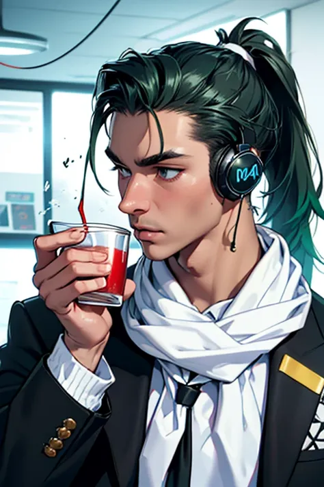 (((solo))),(((kiss the rim of the cup)))、(white neckerchief around the neck)、(((man wearing headphones)))、black suit、green haire...