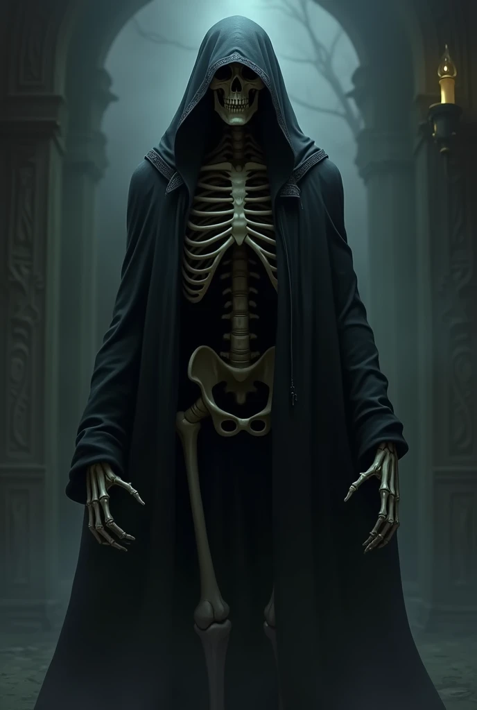 A skeleton in a hood