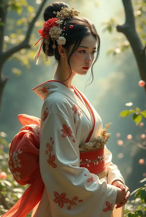 A woman who looks like a goddess in a kimono, as if she were from Japanese mythology.