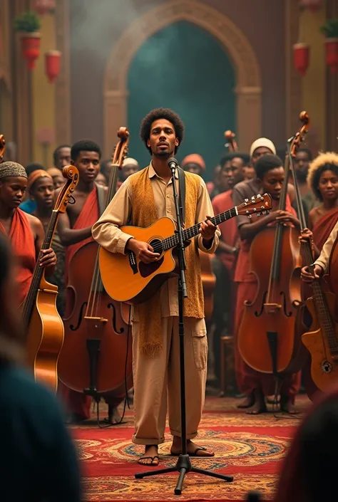 Karim un jeune homme du village qui est devenu riche  entouré de tous les instruments de musique  en concert dans son village 