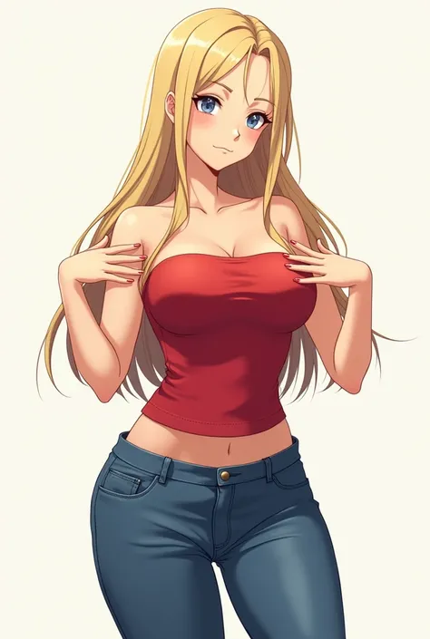 anime girl wearing a red tube top and jeans, long blonde hair, holding breasts, neutral face, plain background.