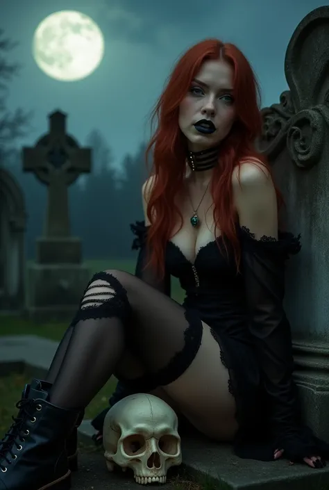 ultra realistic, photography, long red hair, girl, 24 years old, hourglass figure, perfect body, Flirty look, natural medium breasts, wearing a hot goth dress, great cleavage, black lips, on a cemetary, sitting next to a grave, at night, moon in the backgr...