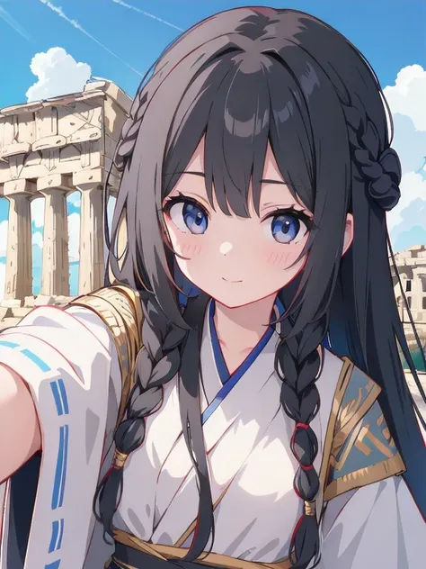 Highest quality、Ultra-high resolution、Highly detailed face、Eye highlights、Girl with black braided hair、Parthenon temple、Greek costume