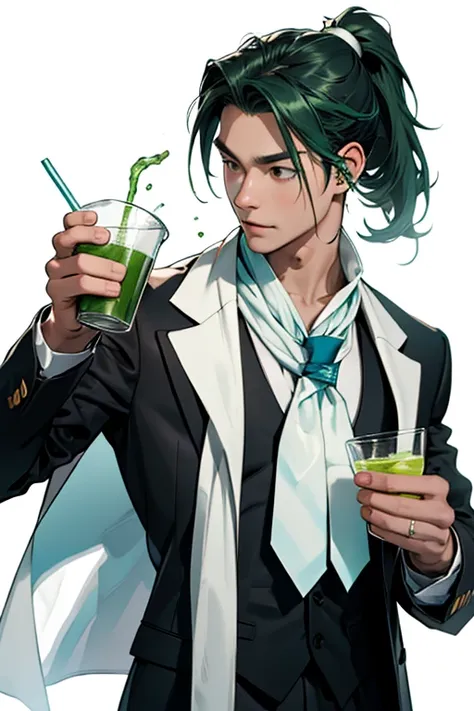 solo、white neckerchief around the neck、man wearing headphones、black suit、green haired man、ponytail、juice、holding a cup、