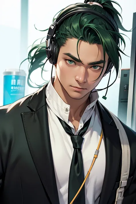 solo、white neckerchief around the neck、man wearing headphones、black suit、green haired man、ponytail、with juice、