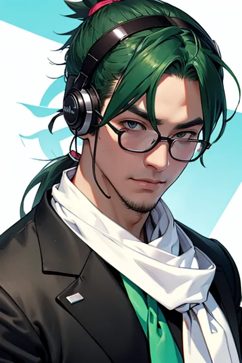 solo、white neckerchief around the neck、man wearing headphones、black suit、green haired man、ponytail、with juice、