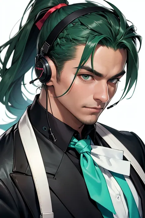 with juice、white neckerchief around the neck、man wearing headphones、black suit、green haired man、ponytail、