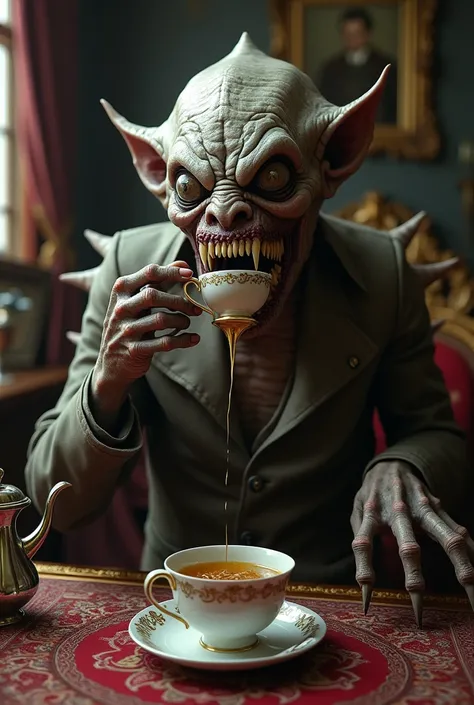 A terrifying male creature, humanoid, who loves tea 