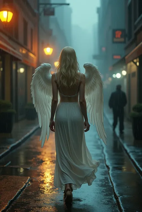 Blonde vampire angel girl walking through street at night in rainy day 