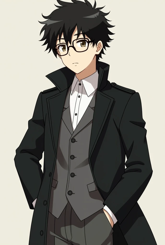 Screenshot of a Bungo Stray Dogs, Anime drawing style from studio bones animation. 1boy (young adult) with pearly skin, glasses, extra curly jet-black hair, brown eyes and dressed Detective attire, black trench coat, white button-down shirt, grey blazer