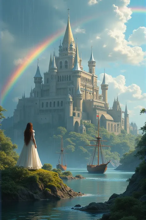 Realistic palace with 2 ships rives joint rainfall with rainbow some clouds one princess to stand the roof 