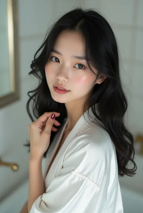 Create a beautiful woman with Asian features.，Regular facial features，Wearing a white satin bathrobe，Running both hands through their hair，Open your eyes，The characters are realistic and realistic，Bathroom Background，Character front position，9:16 frames，Ul...