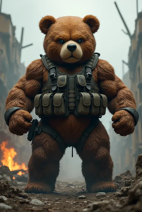 Muscular teddy bear going to war

