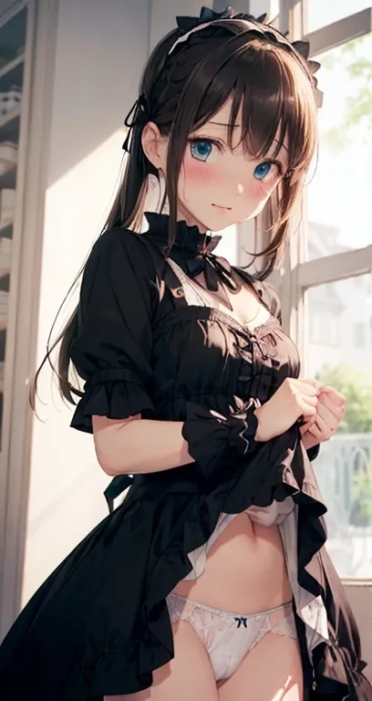 (masutepiece, Best Quality:1.2), 8K, 85 mm, Official art, Raw photo, absurderes, A dark-haired, (Blue eyes, Lolita Fashion, sweetlolita, Gothic, Dress:1.2), Idol face, Upper body, Beautiful Girl, gardeniass, Copenhagen, Short sleeve, Elegance, Sophisticate...