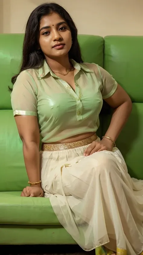 South Indian women, wearing cream colour chiffon transparent shiny skirt and light green shirt 