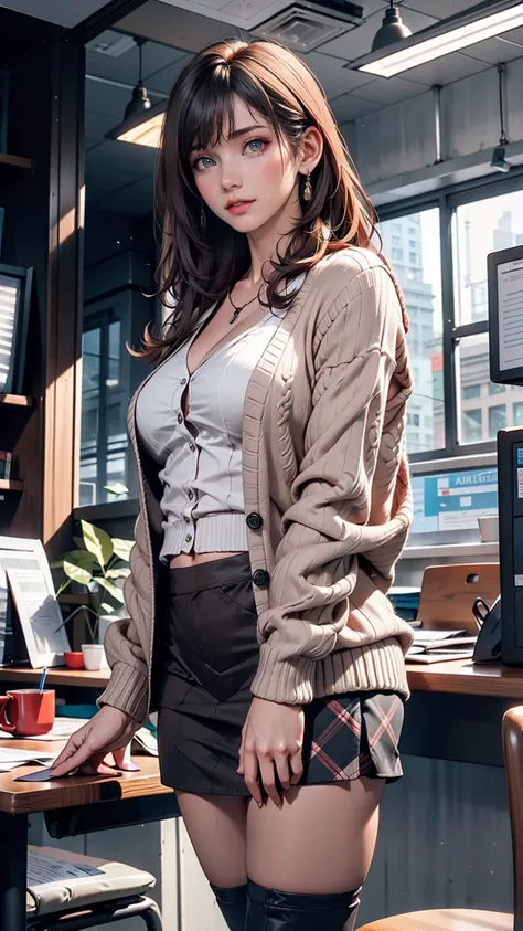 indoor, Portraiture, A 25-year-old woman holding a coffee cup, Black cropped knit cardigan, arm:1, Dark red slim skirt with black check pattern, Black knee-high suede boots, Standing next to the office window