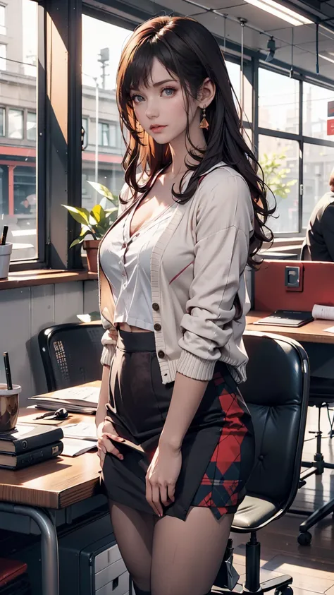 indoor, Portraiture, A 25-year-old woman holding a coffee cup, Black cropped knit cardigan, arm:1, Dark red slim skirt with black check pattern, Black knee-high suede boots, Standing next to the office window