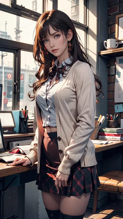 indoor, Portraiture, A 25-year-old woman holding a coffee cup, Black cropped knit cardigan, arm:1, Dark red slim skirt with black check pattern, Black knee-high suede boots, Standing next to the office window