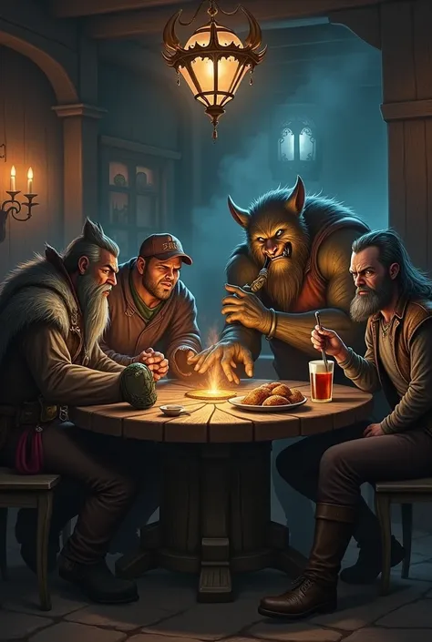 A dark fantasy tavern where 7 characters are sitting at one table.: Dwarf, A large pipe smoker, a draenei eats a big piece of bread, a worgen massages an elfs legs, a pandaren and an undead drink from large tankards of ale, a draktir sits tuning a radio ( ...