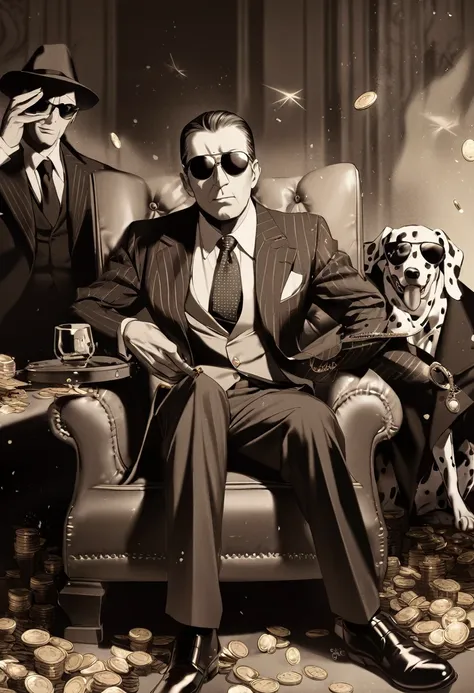 wear sunglasses, an old dalmatian dog with a cigar and a mafia boss sitting in an armchair, gold coins falling from the sk, vint...