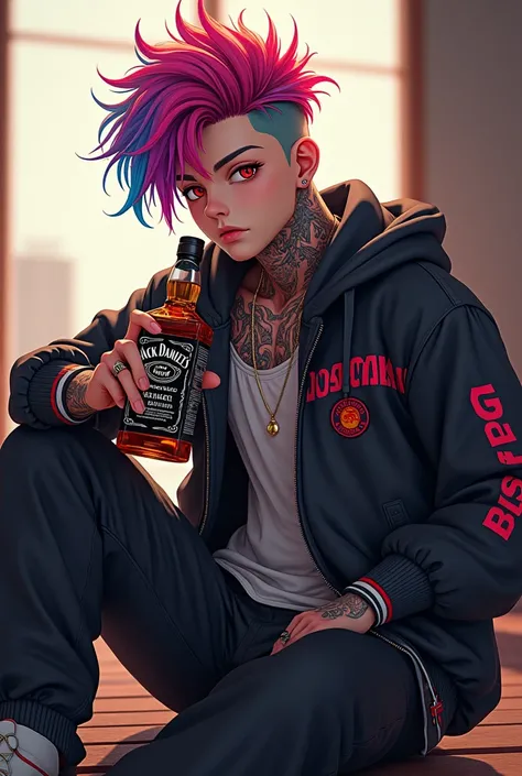 3D anime of a 17 year old tattooed, brightly colored haired male sitting holding a bottle of jack danhil wearing a jacket with the words GASTON written on it