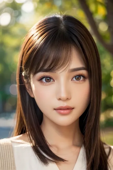 high-quality, ultra-realistic portraits。she has a beautiful nose、her facial features are gorgeous yet naturally balanced.。big ey...