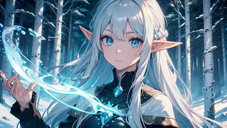 Freezing, Freezing and the Journey to the Afterlife elf girl, Flowing Hair, Gray Hair, forest, View your viewers, Detailed Iris, Detailed eyes, Highly detailed colors, 8k, sharp, Professional, clear, High Contrast, High saturation, , Vivid deep black, crys...