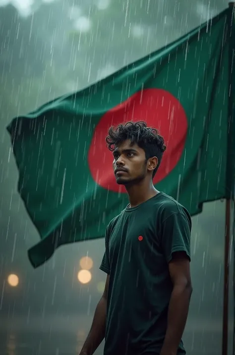 20 years old boy stand with Bangladesh flag in rain