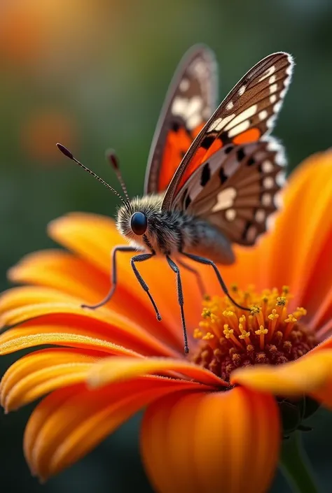 Illustrate a butterfly landing on a flower, with a close-up view showing how its feet might interact with the flower to taste it."ultra realistic 