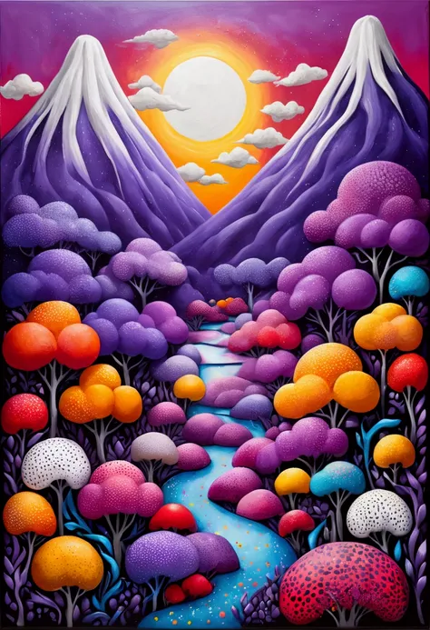 A painting，Inspired by Yayoi Kusama：(((Chalk painting，Oil stick painting，Volume，Thick coating，Uneven texture，Plaster texture，Graffiti，Dot)))。(a volcano erupts。White smoke。), Bright colors, Purple和, cute的, Bright colors，cute, Lavender Color and Color Scheme...