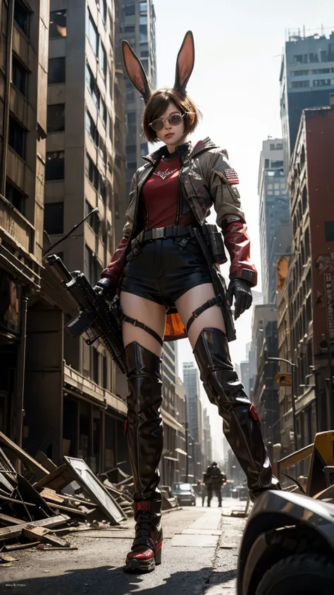 The metropolis of the future.A lovely and charming girl,Rabbit ears,short hair,All American Body,infrared glasses,Wearing a red and white combat uniform,Wearing a combat coat,Holding sniper rifle,in the ruined city