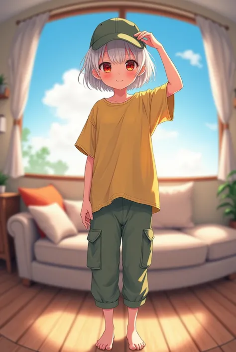 Micro-photography。A cute girl with white short bob hair and red eyes。Cute in Japanese anime illustration style。She is wearing an oversized yellow short-sleeved t-shirt。She is wearing sarouel cargo pants。She is barefoot。She is wearing a baseball cap。Photore...